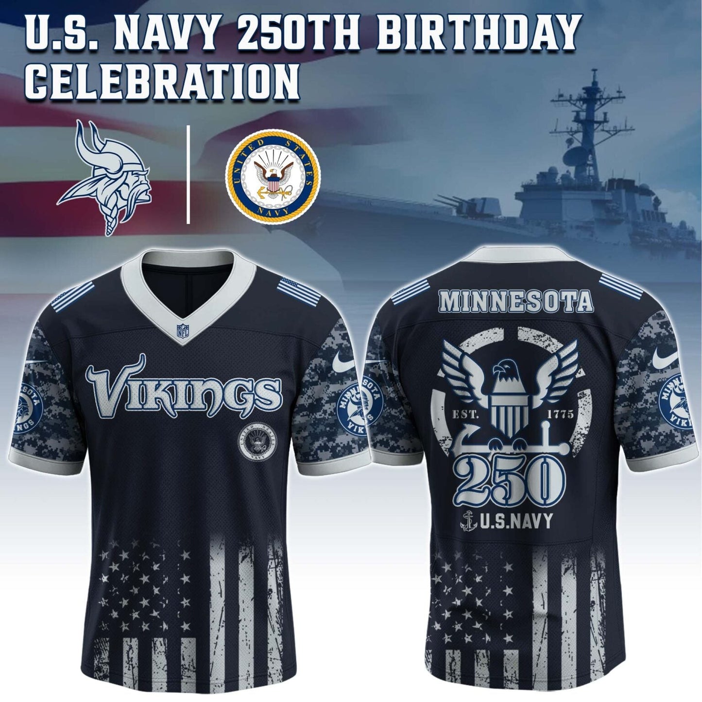Minnesota Vikings NFL x U.S. NAVY 250TH Birthday Special Edition Jersey